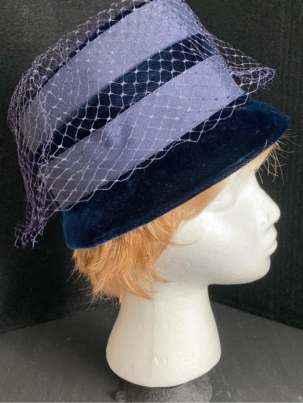 Vintage Navy Velvet Cloche Hat with Veil